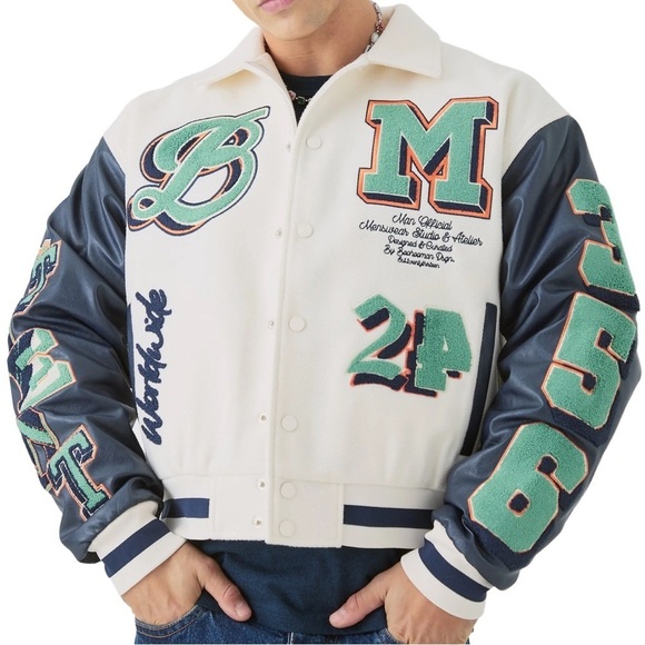 BOOHOOMAN • Plus Boxy BM Badge Collared Varsity Jacket In Ecru - Picture 1 of 10